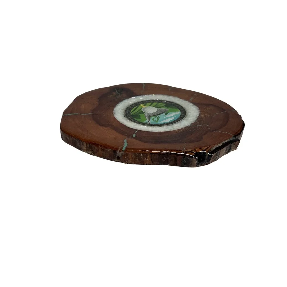 Handmade Wood Slice Golf Coaster Turquoise Inlay Resin Gloss Cork Back 4.75
